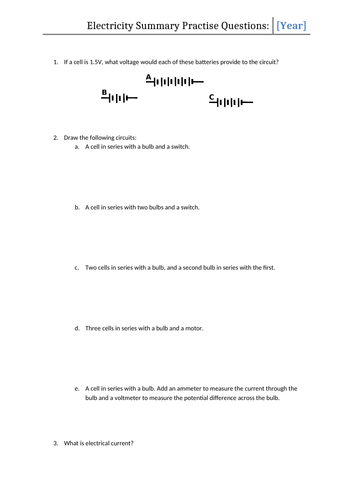 GCSE Physics - Circuit Revision Fill the gaps Worksheet