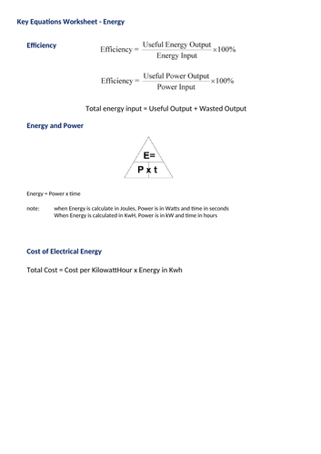 GCSE Physics Key Equations Worksheet - Energy