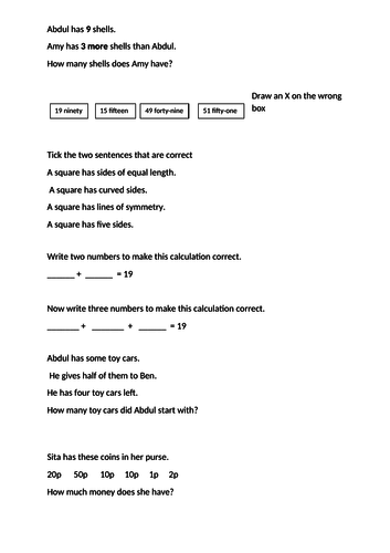 Sats 2016 and 2017 KS1 reasoning questions