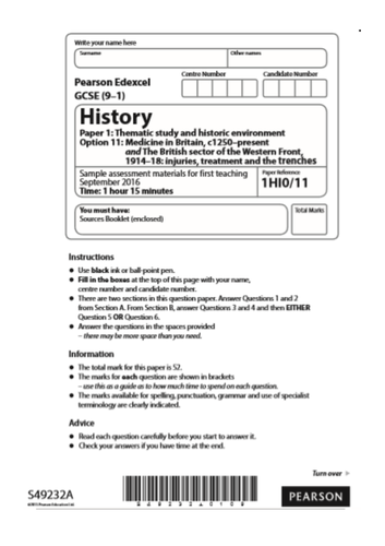 Medicine c.1250-present & WW1 Case Study: Practice MOCK w/Mark Scheme