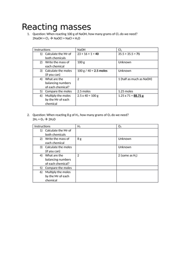 Reacting masses worksheet