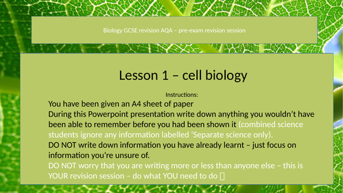 AQA biology GCSE pre-exam revision session - cell biology on a page combined and separate science