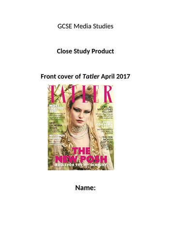 Close Study Product Front cover of Tatler April 2017  GCSE Media Studies