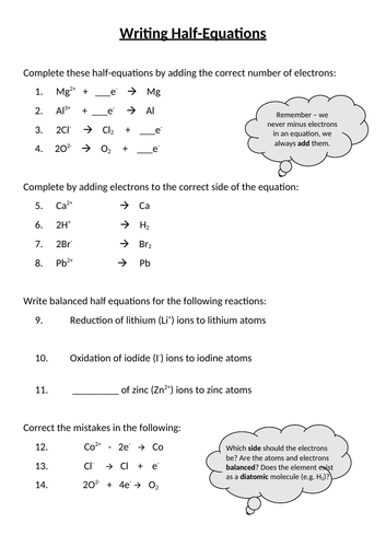 Electrolysis Half Equations Worksheet (2 versions) With Answers