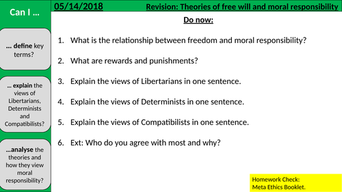 RE Revision lesson: Free Will and Moral Responsibility (A Level Ethics)
