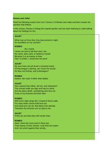 AQA-style Lit Paper 1 Romeo and Juliet extract and exemplar response (Balcony scene)