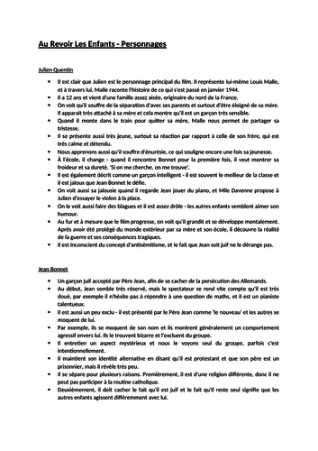 'Au Revoir Les Enfants' French A Level - All Revision Notes