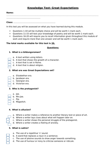 Knowledge test for Dickens' Great Expectations - used with top set KS3