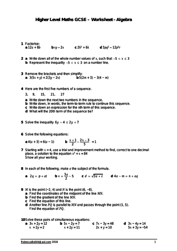 Gcse Mixed Algebra Revision Worksheet Teaching Resources