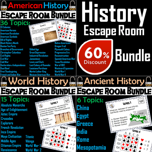 Ancient, World, and American History Escape Room: Social Studies Bundle