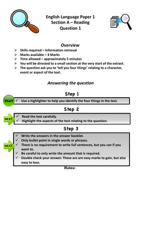 REVISION! AQA English Language Paper 1 Reading Questions Checklists