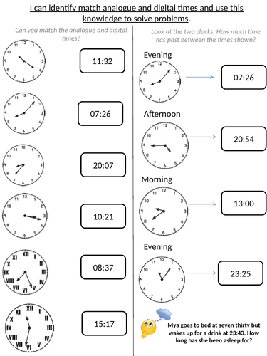 year 34 matching analogue and digital times teaching