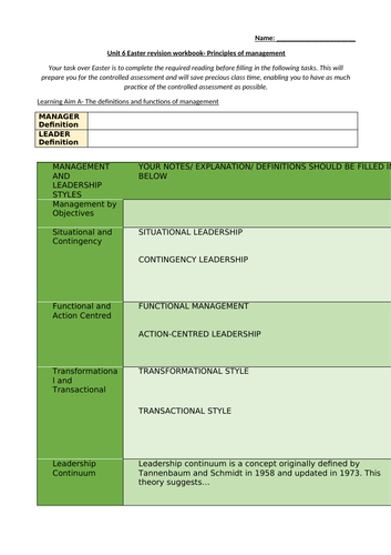 BTEC Business Level 3 Unit 6 Workbook - Principles of Management