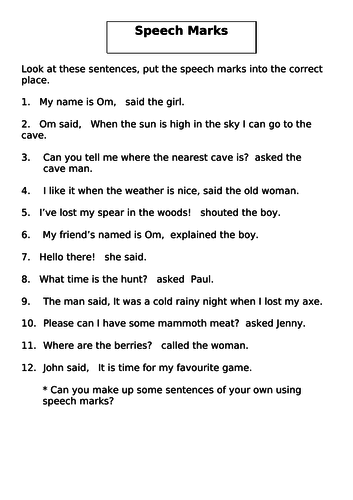 Cave man based speech marks worksheet.