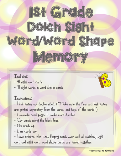 1st Grade Sight Word Memory: Word Shape Version