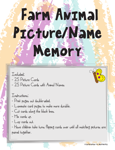 Farm Animal Memory (Match Picture to Picture with Name)