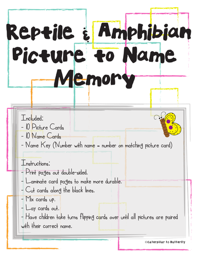 Reptile and Amphibian Picture to Name Memory