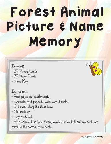 Forest Animal Picture and Name Memory