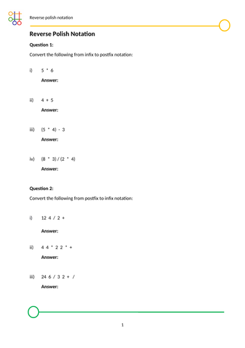 Worksheet:   Reverse Polish Notation (RPN) questions and answers