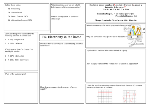 AQA Electricity in the home revision mat