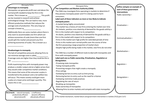 AQA A-level Economics Market failure and government intervention organiser part 2