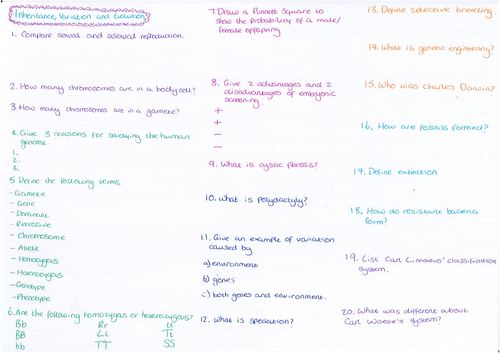 Inheritance and Evolution Question Mat