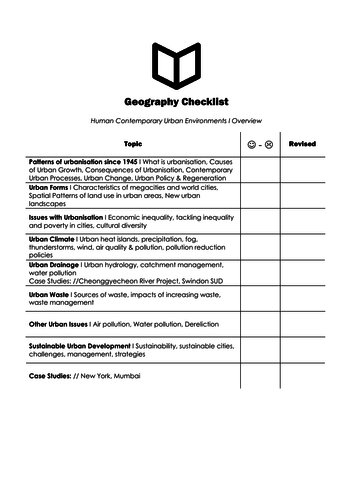 A Level Geography I Chapter 9 : Contemporary Human Environments Checklist