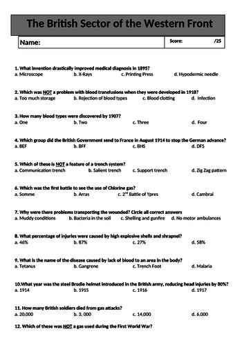 Edexcel GCSE 9-1 Medicine in the Trenches quiz