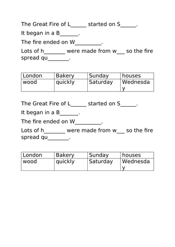 Comprehension task for the Great Fire of London Year 1