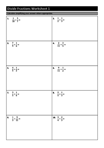 50 dividing fractions worksheets teaching resources