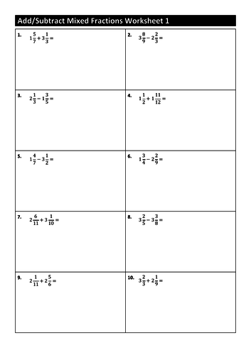 50 Add/Subtract Mixed Fraction Worksheets