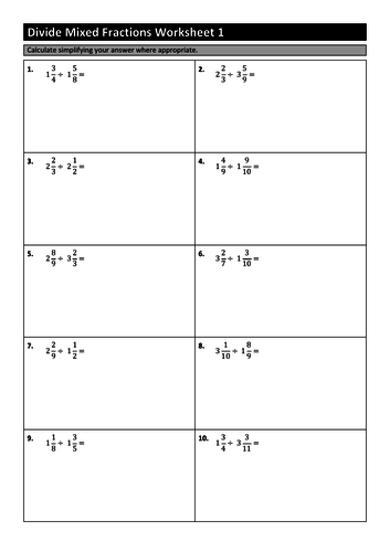 50 divide mixed numbers worksheets teaching resources