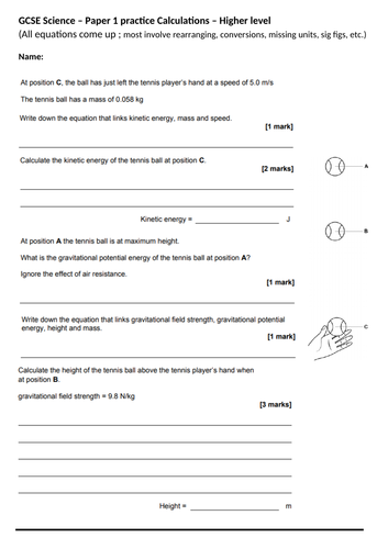 GCSE Science/Physics paper 1 calculation practice - Higher & Foundation (topic 1-4) [AQA] + answers
