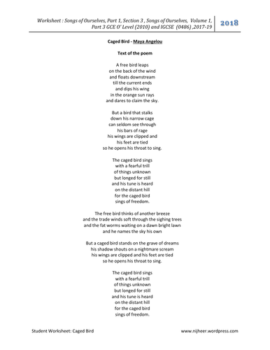 Student Worksheet : Caged Bird by Maya Angelou