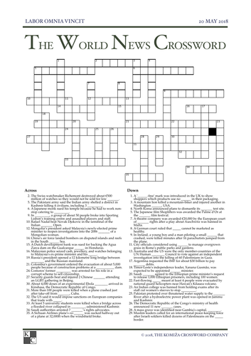 The World News Crossword - May 20th, 2018