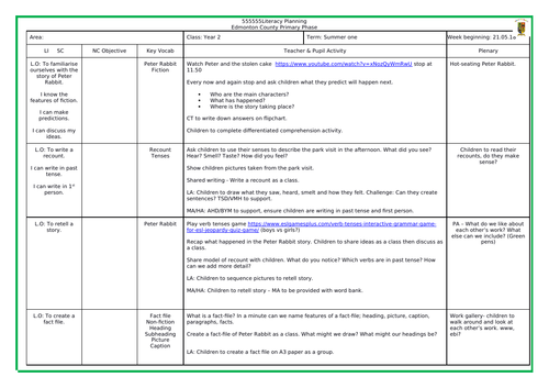 Peter Rabbit Literacy planning