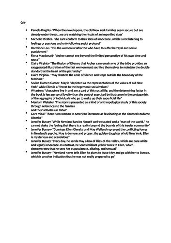 Critical quotations for The Age of Innocence