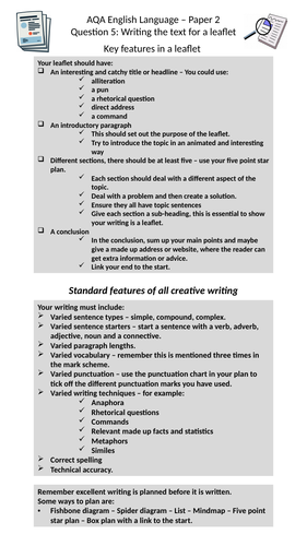 HOW TO WRITE A LEAFLET CHECKLIST AND THREE MOCK EXAM QUESTIONS - AQA ENGLISH LANGUAGE PAPER 2