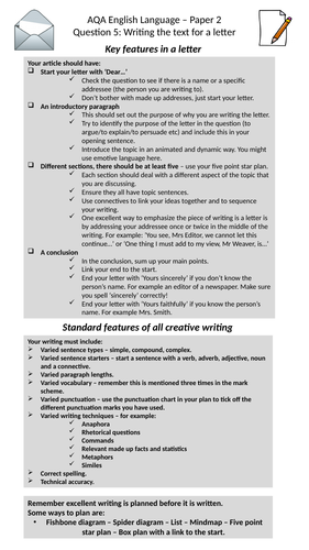 HOW TO WRITE A LETTER CHECKLIST AND THREE MOCK EXAM QUESTIONS - AQA ENGLISH LANGUAGE PAPER 2