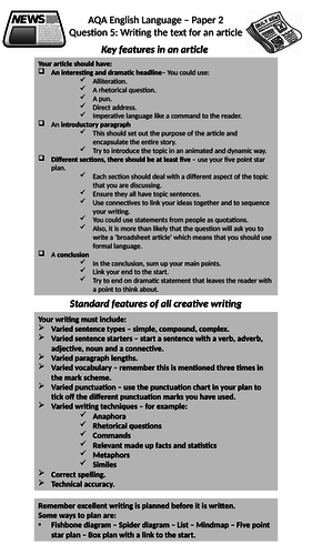 HOW TO WRITE AN ARTICLE CHECKLIST AND THREE MOCK EXAM QUESTIONS - AQA ENGLISH LANGUAGE PAPER 2