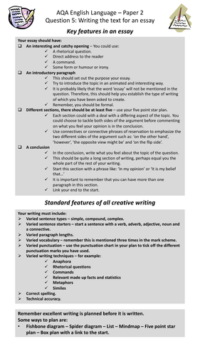 How To Write An Essay For Q5 Checklist And Three Mock Exam Questions Aqa English Language Paper 2 Teaching Resources