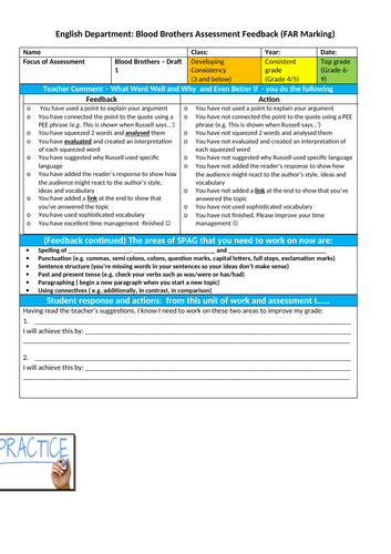 Blood Brothers - Assessment Feedback Sheet with SPaG feedback section (FAR marking)