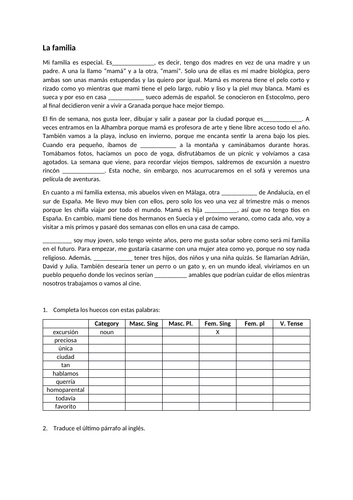 Spanish Reading Comprehension about "La familia"