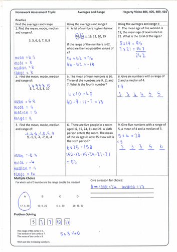 Averages and Range Homework Sheet with Answers