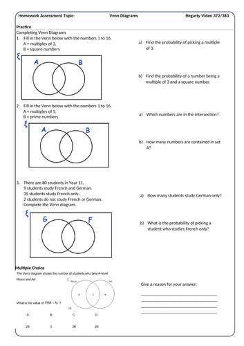 Venn Diagrams Homework Sheet with Answers