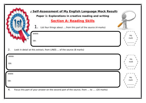 AQA - Paper 1: Explorations in Creative Reading and Writing Student Self-Assessment/ ReflectionSheet