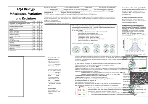 Inheritance, variation and evolution revision broadsheet (AQA Biology GCSE)
