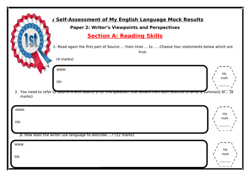 AQA - Paper 2: Writer’s Viewpoints and Perspectives - Student Self-Assessment/ Reflection Sheet
