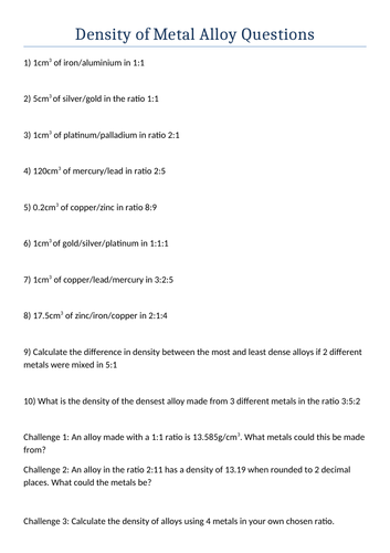 Maths / STEM / Science Project Lesson - Density of Metals (Density, Ratio, Volume)