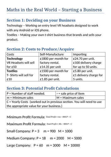 Maths / STEM Project Lesson - Starting a Business (Money Calculations, Using Formulae, Profit)